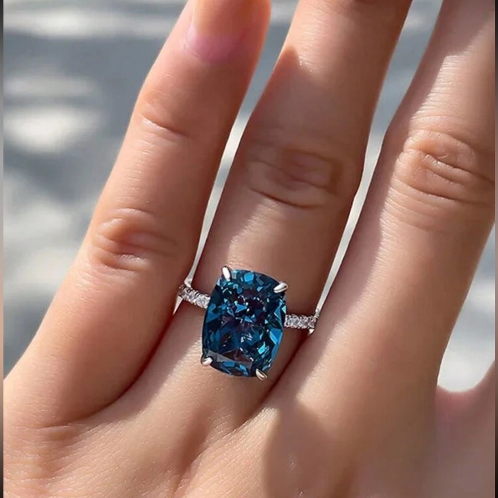 Blue Gemstone Ring, Blue and White Cubic Zirconia Ring, Blue Engagement Ring